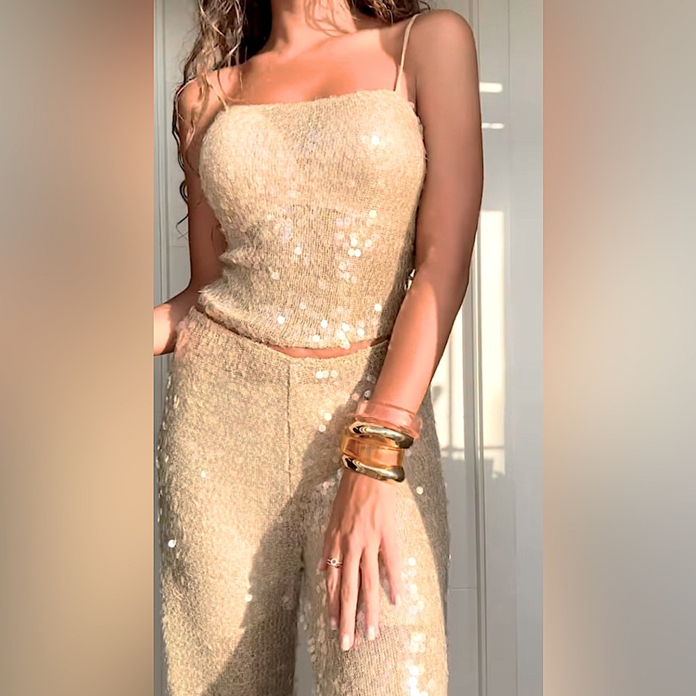 ZARA GOLD METALLIC SHIMMERY SEQUIN WIDE LEG PANTS RESORT COCKTAIL CRUISE M